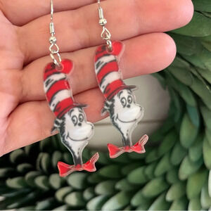 Brand new Dr. Seuss inspired Cat in the Hat book dangle earrings